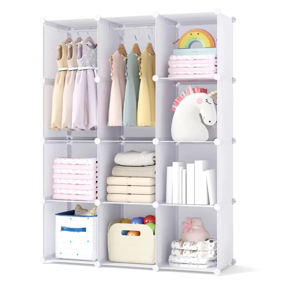 Modular Baby Wardrobe with 10 Cubes & Hanging Rod and Shelves Stackable-White - White - Kids Storage