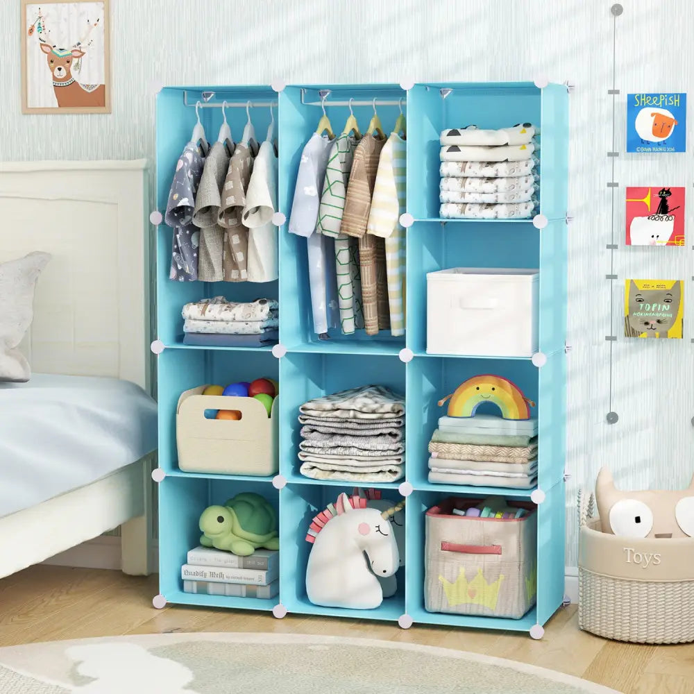 Modular Baby Wardrobe with 10 Cubes & Hanging Rod and Shelves Stackable-Blue - Blue - Kids Storage