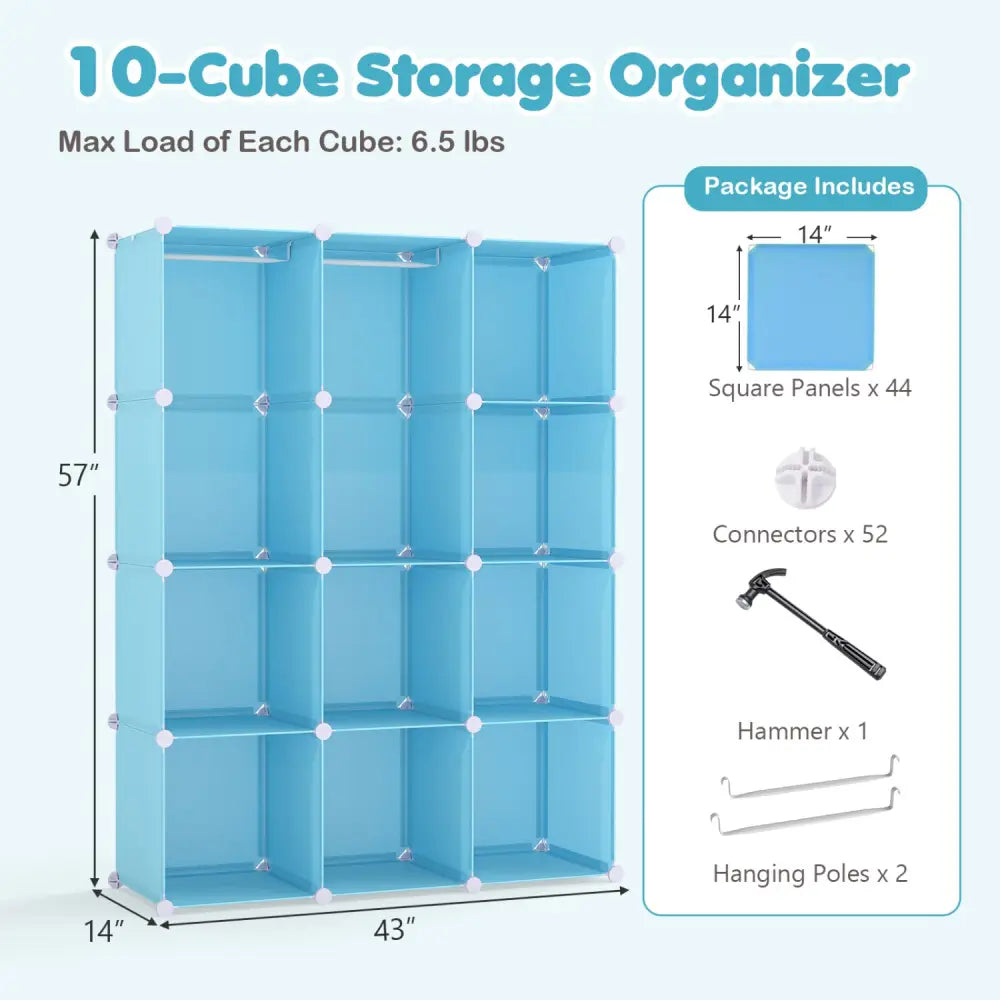 Modular Baby Wardrobe with 10 Cubes & Hanging Rod and Shelves Stackable-Blue - Blue - Kids Storage