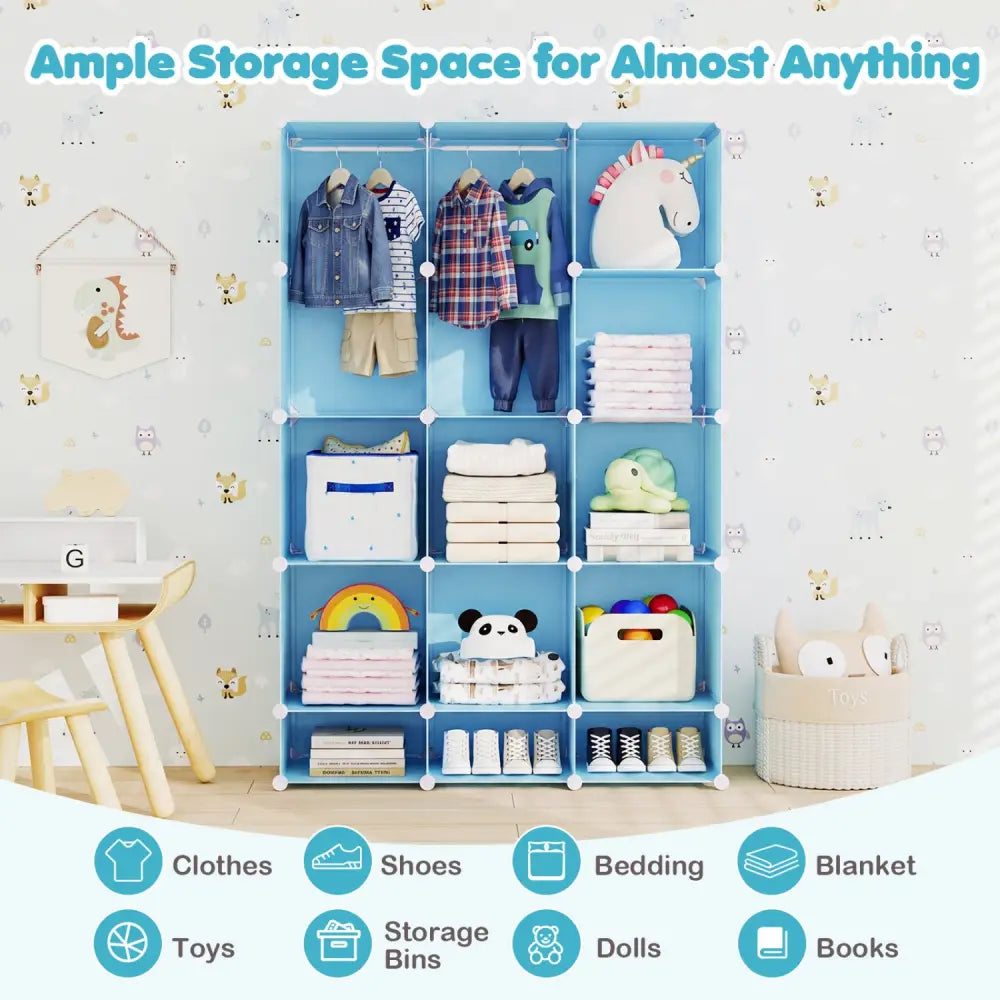 Modular Baby Wardrobe with 13 Cubes and Hanging Rod and Shelves Stackable-Blue - Blue - Kids Storage