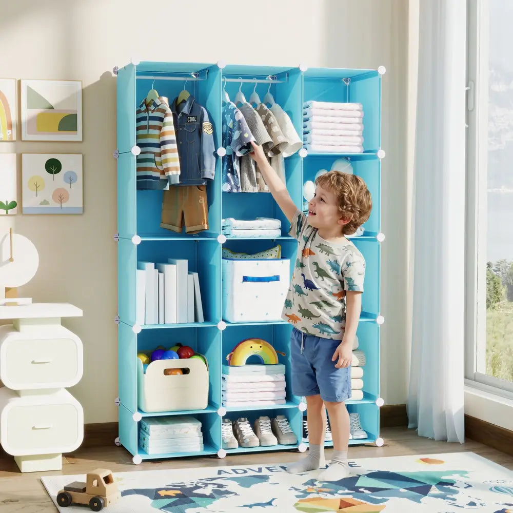 Modular Baby Wardrobe with 13 Cubes and Hanging Rod and Shelves Stackable-Blue - Blue - Kids Storage