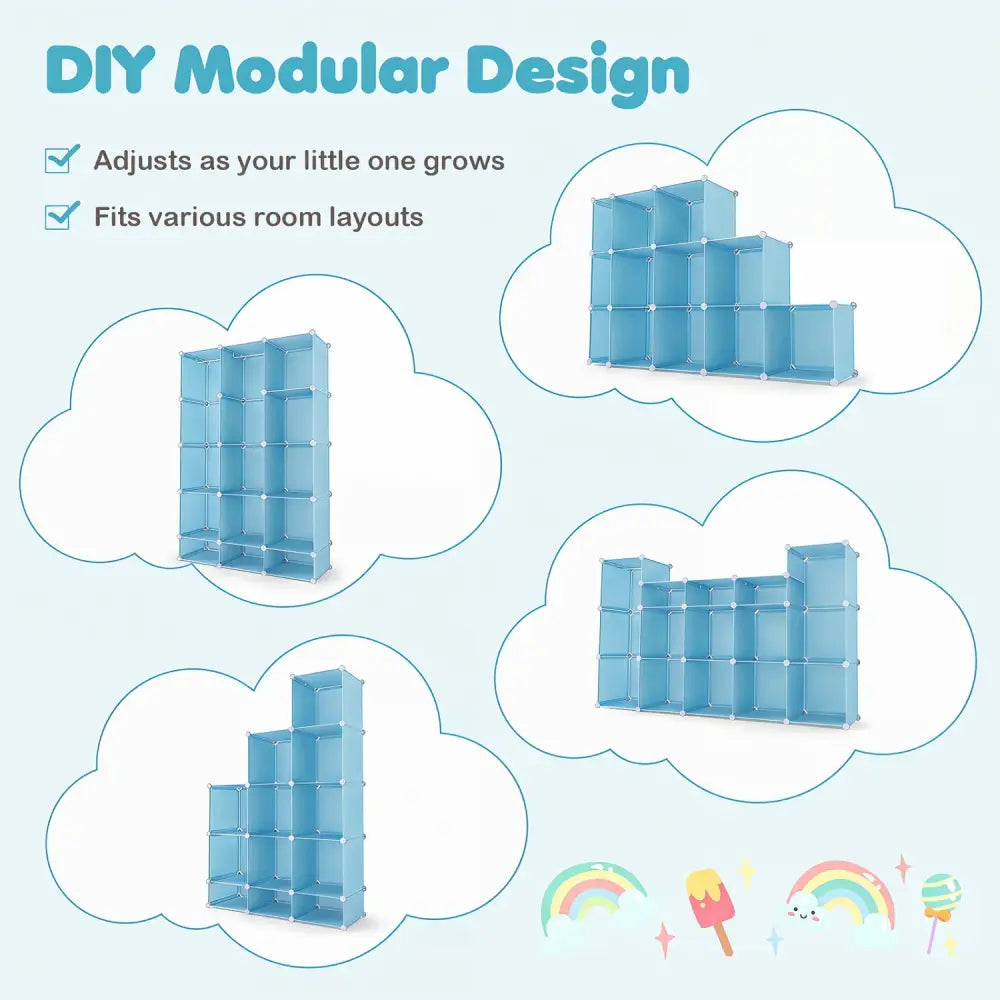 Modular Baby Wardrobe with 13 Cubes and Hanging Rod and Shelves Stackable-Blue - Blue - Kids Storage