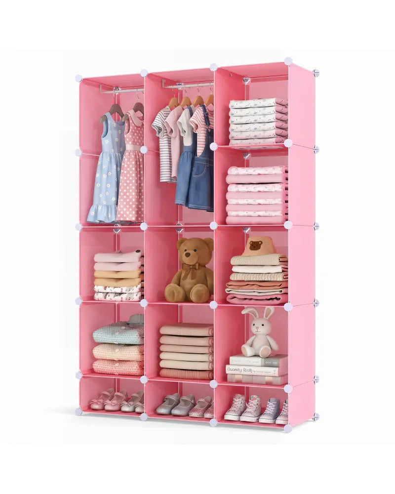 Modular Baby Wardrobe with 13 Cubes and Hanging Rod and Shelves Stackable-Pink - Pink - Kids Storage