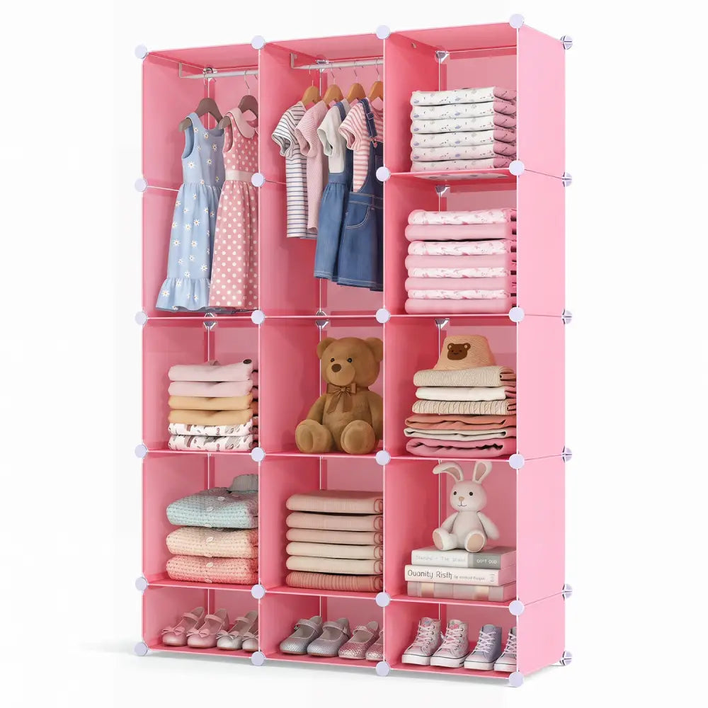 Modular Baby Wardrobe with 13 Cubes and Hanging Rod and Shelves Stackable-Pink - Pink - Kids Storage