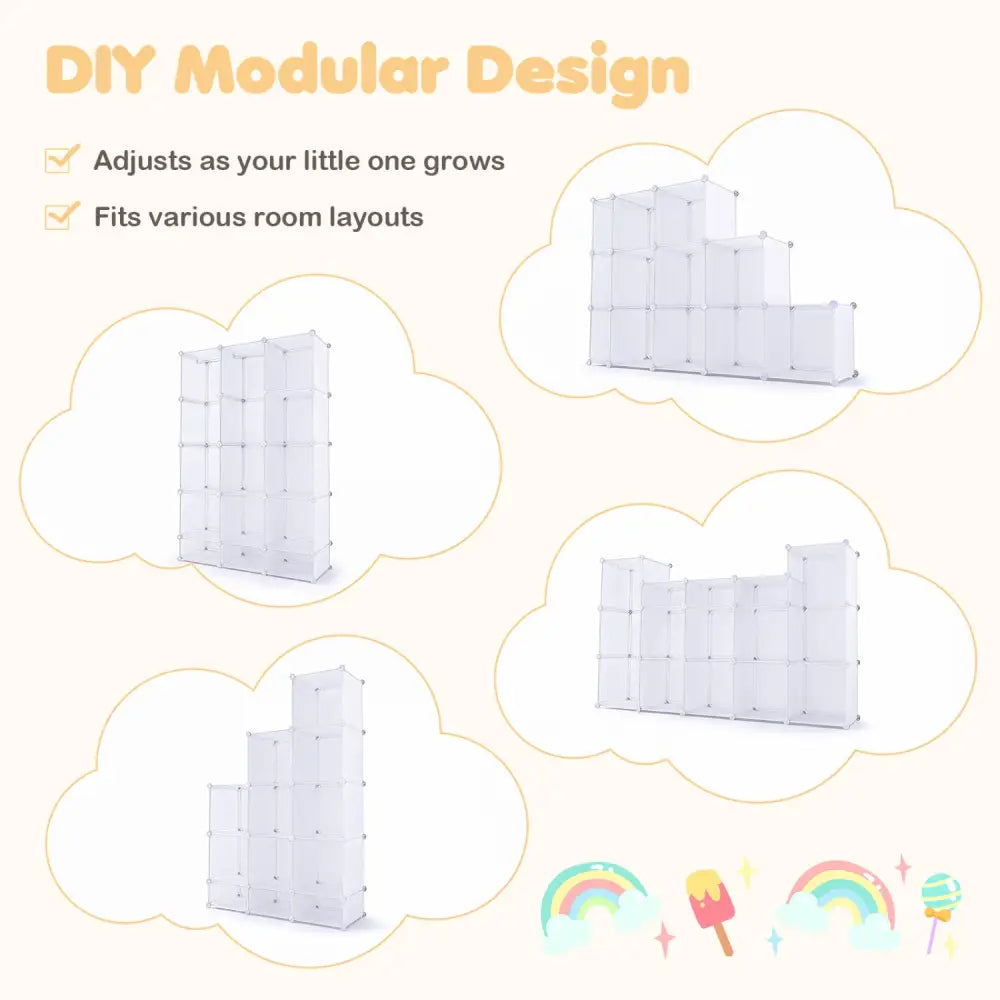 Modular Baby Wardrobe with 13 Cubes and Hanging Rod and Shelves Stackable-White - White - Kids Storage