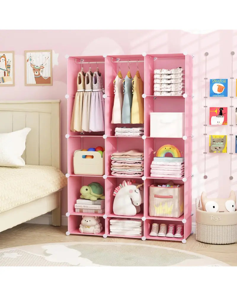 Modular Baby Wardrobe with 13 Cubes and Hanging Rod and Shelves Stackable-Pink - Pink - Kids Storage