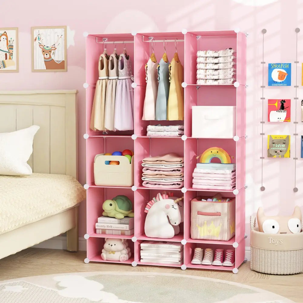 Modular Baby Wardrobe with 13 Cubes and Hanging Rod and Shelves Stackable-Pink - Pink - Kids Storage