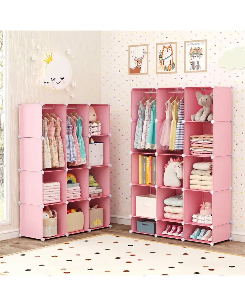Modular Baby Wardrobe with 13 Cubes and Hanging Rod and Shelves Stackable-Pink - Pink - Kids Storage