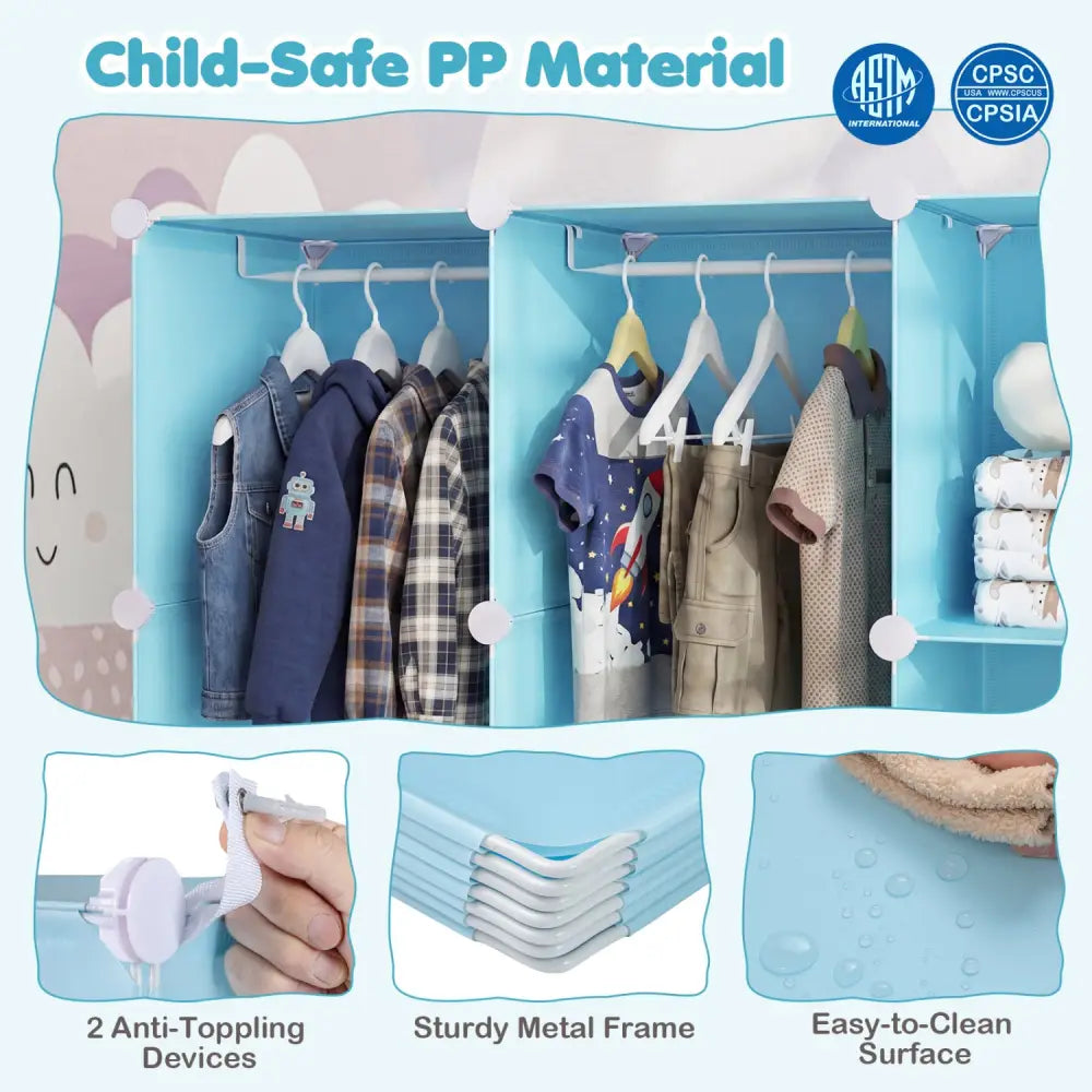 Modular Baby Wardrobe with 13 Cubes and Hanging Rod and Shelves Stackable-Blue - Blue - Kids Storage
