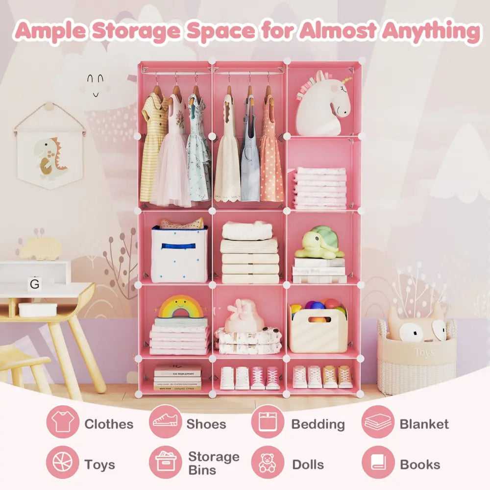 Modular Baby Wardrobe with 13 Cubes and Hanging Rod and Shelves Stackable-Pink - Pink - Kids Storage