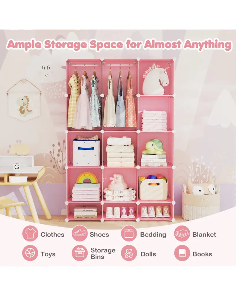 Modular Baby Wardrobe with 13 Cubes and Hanging Rod and Shelves Stackable-Pink - Pink - Kids Storage