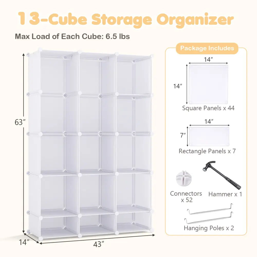Modular Baby Wardrobe with 13 Cubes and Hanging Rod and Shelves Stackable-White - White - Kids Storage