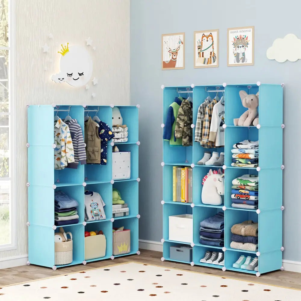 Modular Baby Wardrobe with 13 Cubes and Hanging Rod and Shelves Stackable-Blue - Blue - Kids Storage