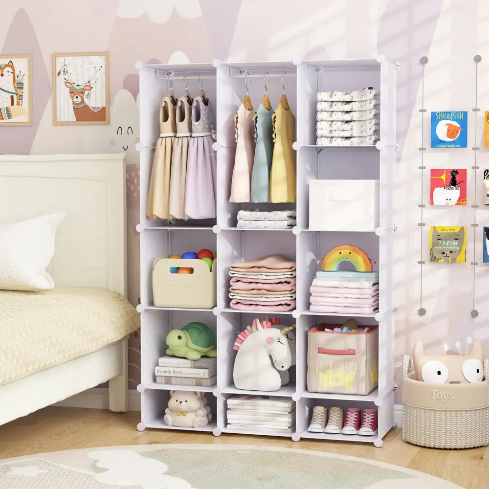 Modular Baby Wardrobe with 13 Cubes and Hanging Rod and Shelves Stackable-White - White - Kids Storage