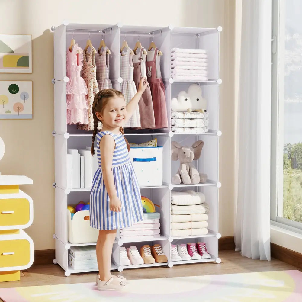 Modular Baby Wardrobe with 13 Cubes and Hanging Rod and Shelves Stackable-White - White - Kids Storage