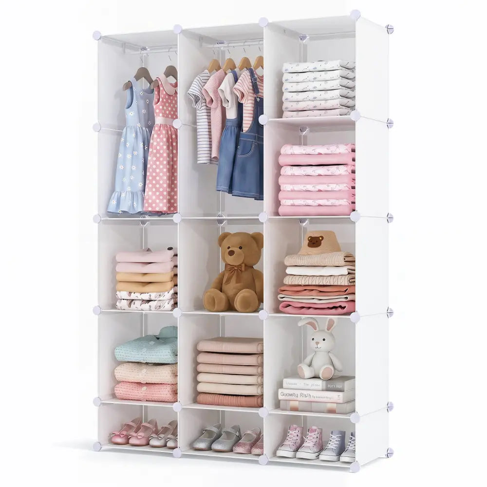 Modular Baby Wardrobe with 13 Cubes and Hanging Rod and Shelves Stackable-White - White - Kids Storage