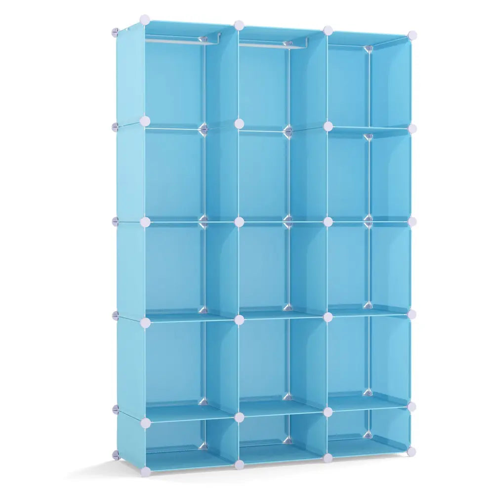 Modular Baby Wardrobe with 13 Cubes and Hanging Rod and Shelves Stackable-Blue - Blue - Kids Storage