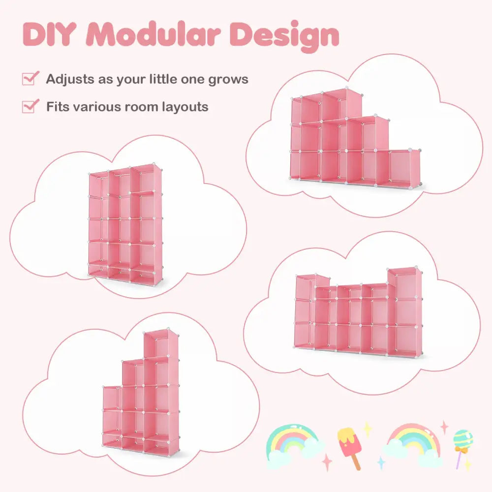 Modular Baby Wardrobe with 13 Cubes and Hanging Rod and Shelves Stackable-Pink - Pink - Kids Storage