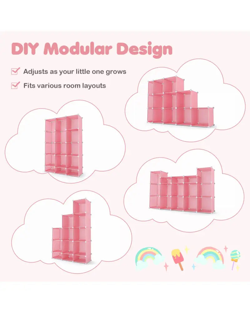 Modular Baby Wardrobe with 13 Cubes and Hanging Rod and Shelves Stackable-Pink - Pink - Kids Storage