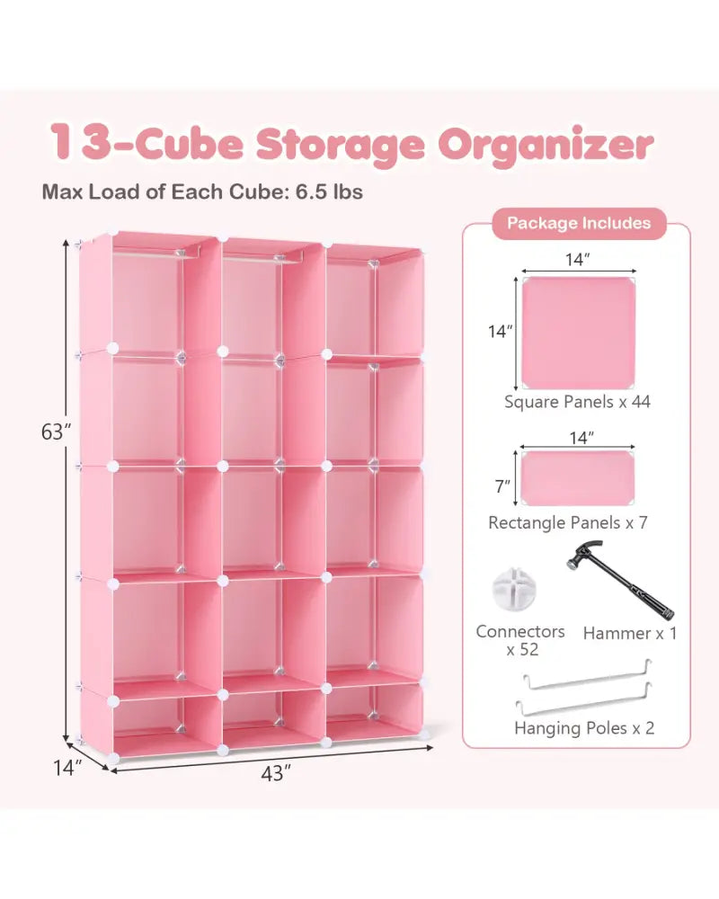 Modular Baby Wardrobe with 13 Cubes and Hanging Rod and Shelves Stackable-Pink - Pink - Kids Storage