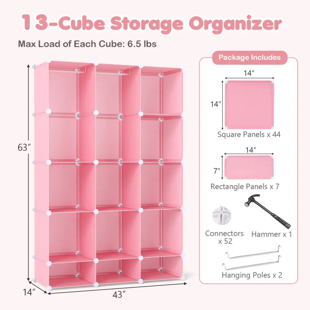 Modular Baby Wardrobe with 13 Cubes and Hanging Rod and Shelves Stackable-Pink - Pink - Kids Storage