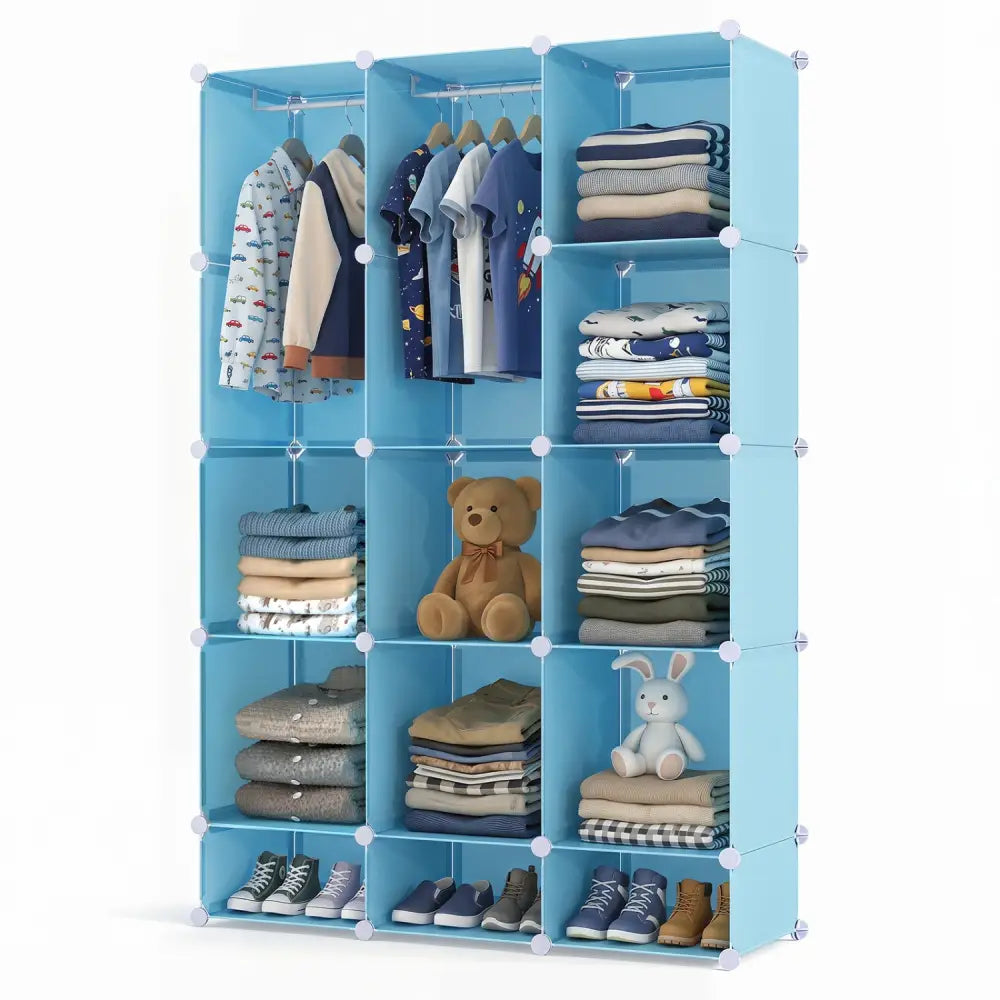 Modular Baby Wardrobe with 13 Cubes and Hanging Rod and Shelves Stackable-Blue - Blue - Kids Storage