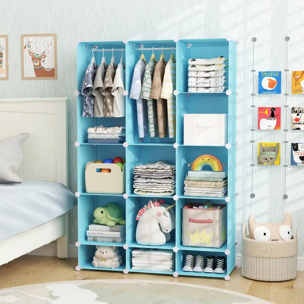 Modular Baby Wardrobe with 13 Cubes and Hanging Rod and Shelves Stackable-Blue - Blue - Kids Storage