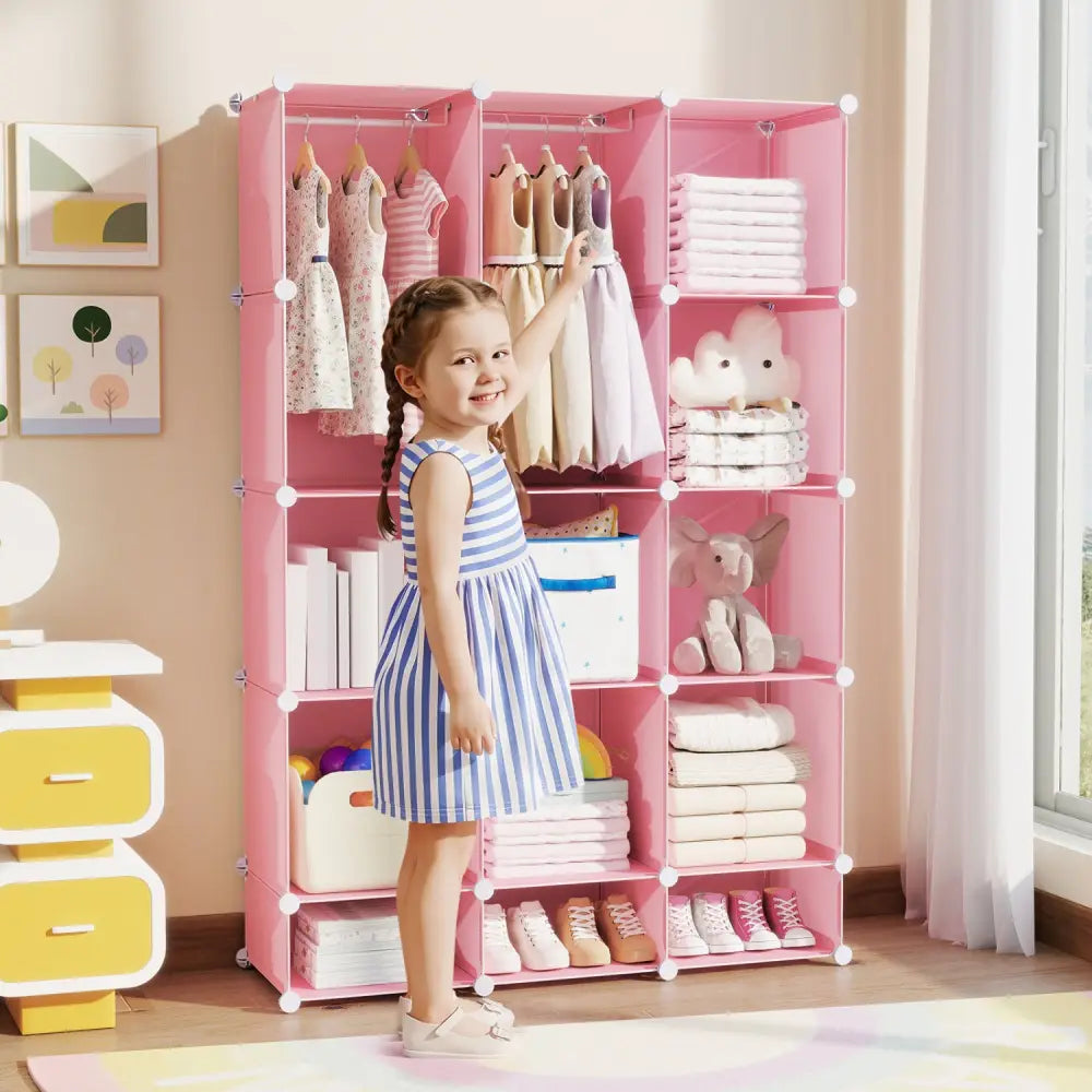 Modular Baby Wardrobe with 13 Cubes and Hanging Rod and Shelves Stackable-Pink - Pink - Kids Storage