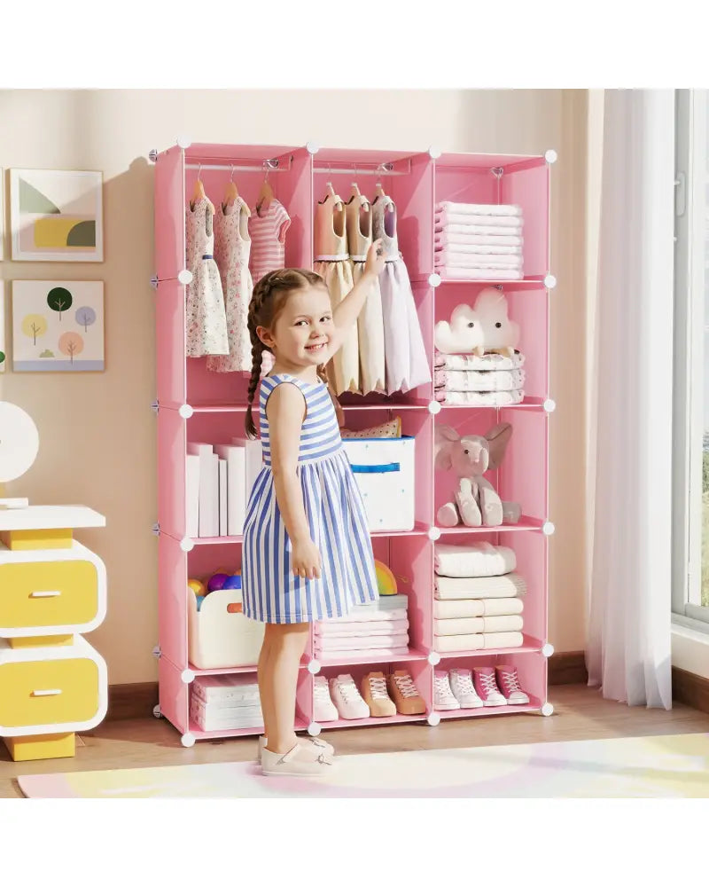 Modular Baby Wardrobe with 13 Cubes and Hanging Rod and Shelves Stackable-Pink - Pink - Kids Storage