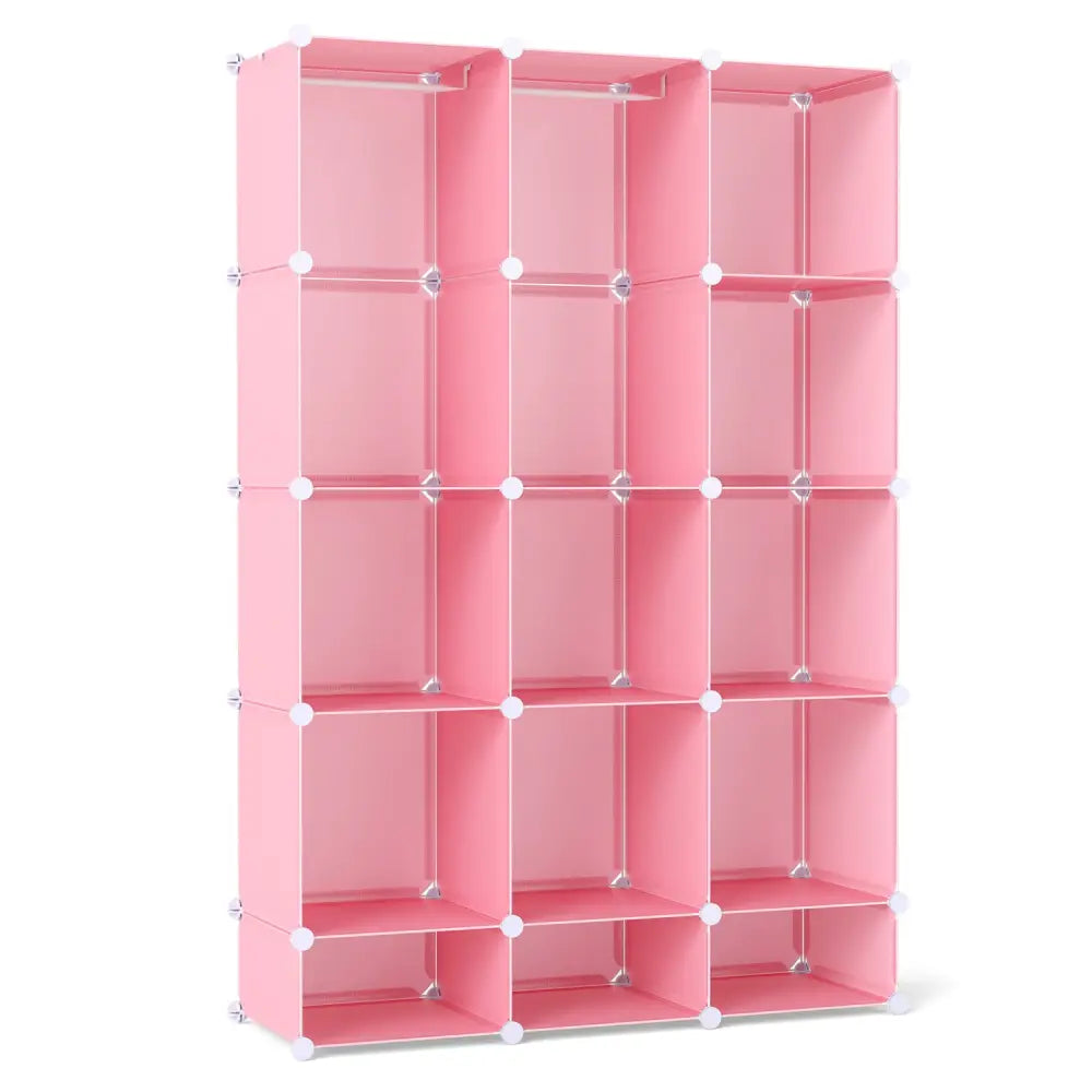 Modular Baby Wardrobe with 13 Cubes and Hanging Rod and Shelves Stackable-Pink - Pink - Kids Storage