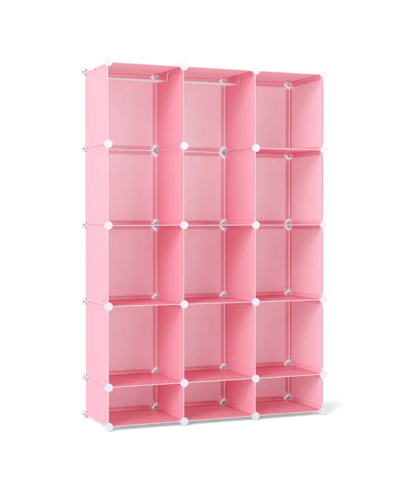 Modular Baby Wardrobe with 13 Cubes and Hanging Rod and Shelves Stackable-Pink - Pink - Kids Storage