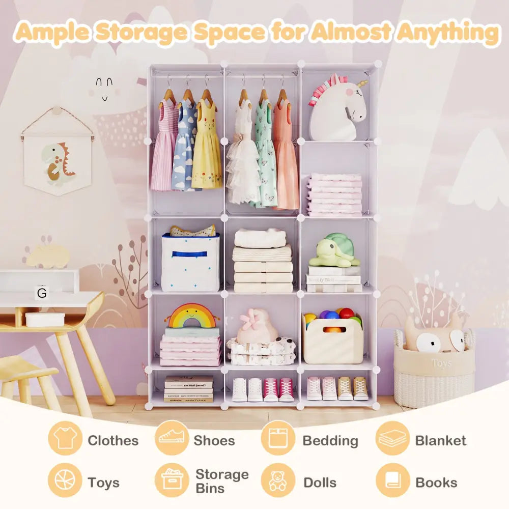 Modular Baby Wardrobe with 13 Cubes and Hanging Rod and Shelves Stackable-White - White - Kids Storage