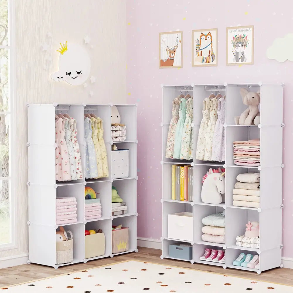 Modular Baby Wardrobe with 13 Cubes and Hanging Rod and Shelves Stackable-White - White - Kids Storage