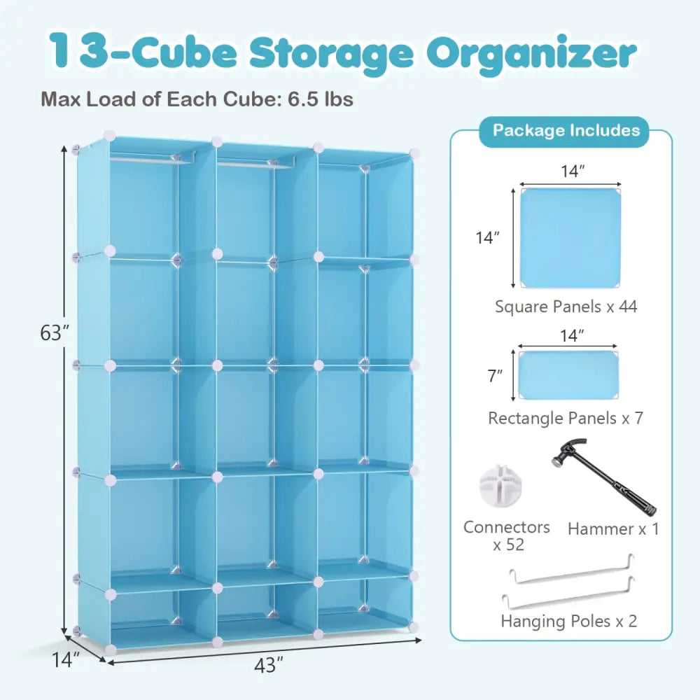 Modular Baby Wardrobe with 13 Cubes and Hanging Rod and Shelves Stackable-Blue - Blue - Kids Storage