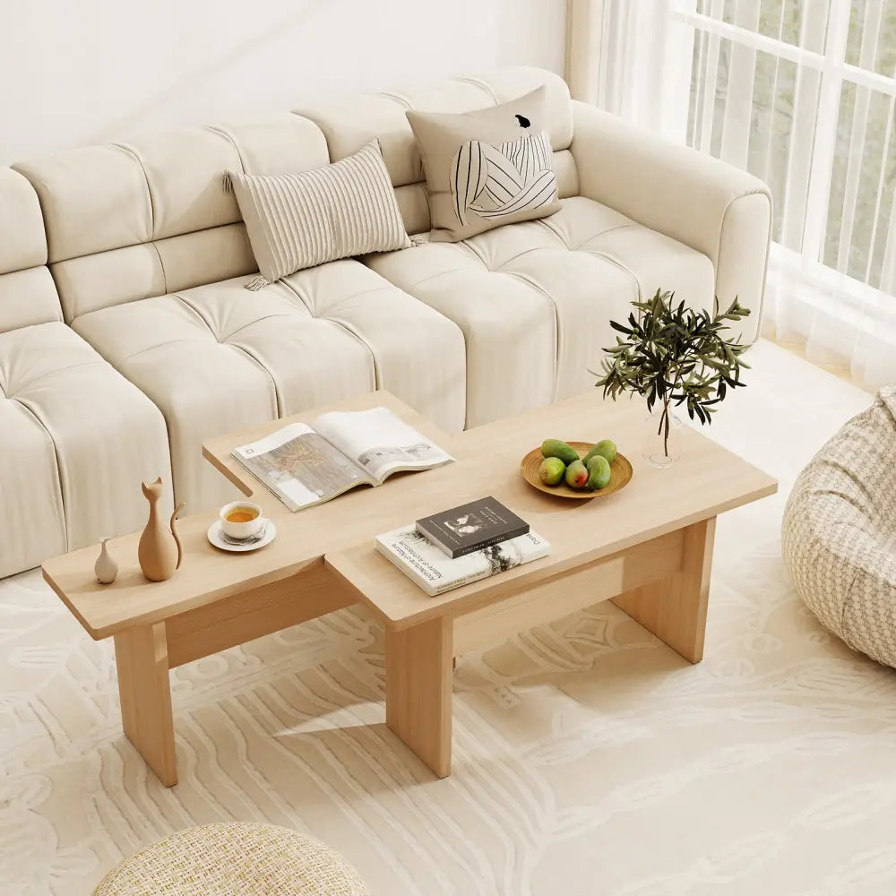 Modular Coffee Table Set of 2 L Shaped Center Tables for Small Space-Oak - Oak - Coffee Tables