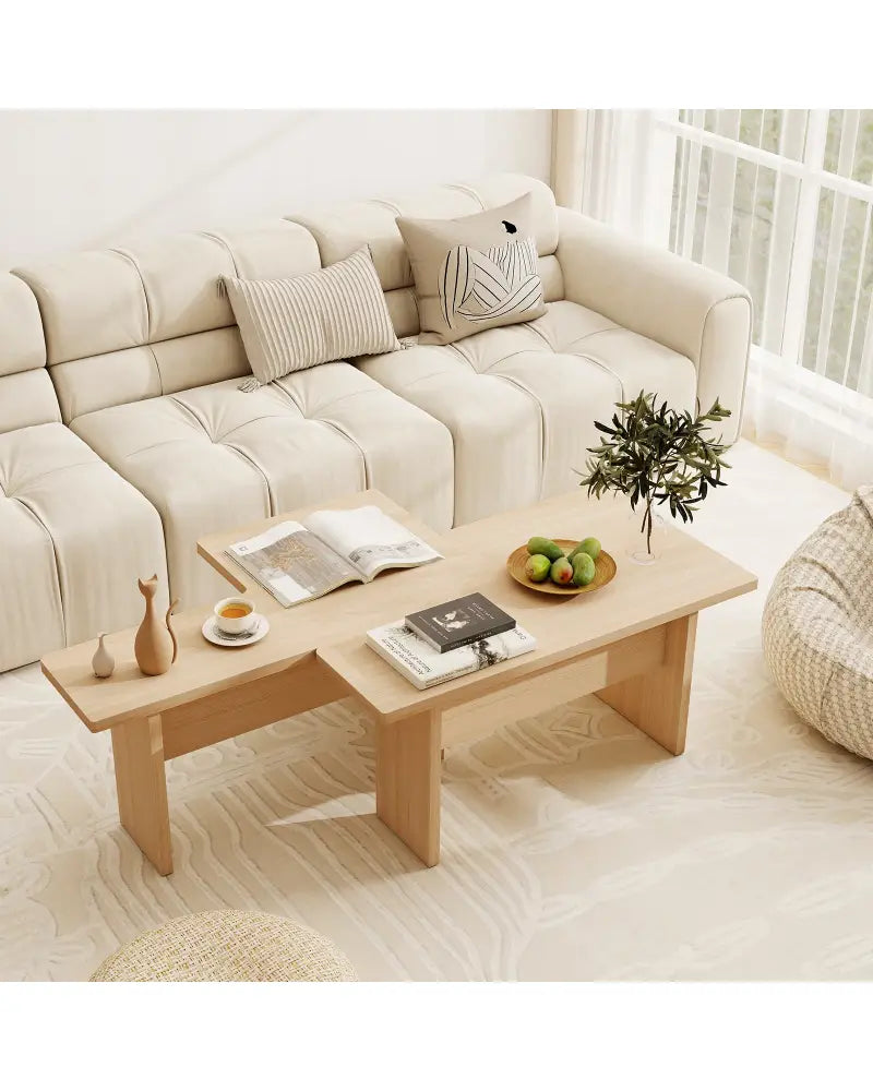 Modular Coffee Table Set of 2 L Shaped Center Tables for Small Space-Oak - Oak - Coffee Tables
