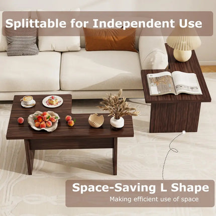 Modular Coffee Table Set of 2 L Shaped Center Tables for Small Space-Walnut - Walnut - Coffee Tables