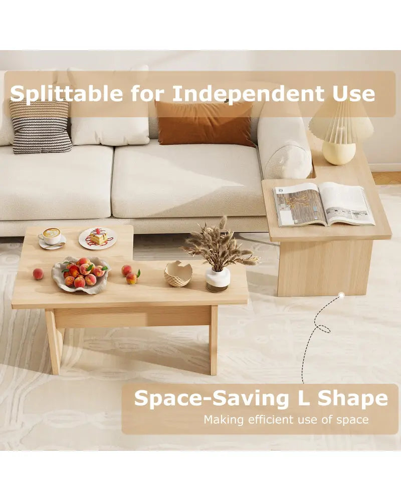 Modular Coffee Table Set of 2 L Shaped Center Tables for Small Space-Oak - Oak - Coffee Tables