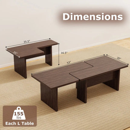 Modular Coffee Table Set of 2 L Shaped Center Tables for Small Space-Walnut - Walnut - Coffee Tables