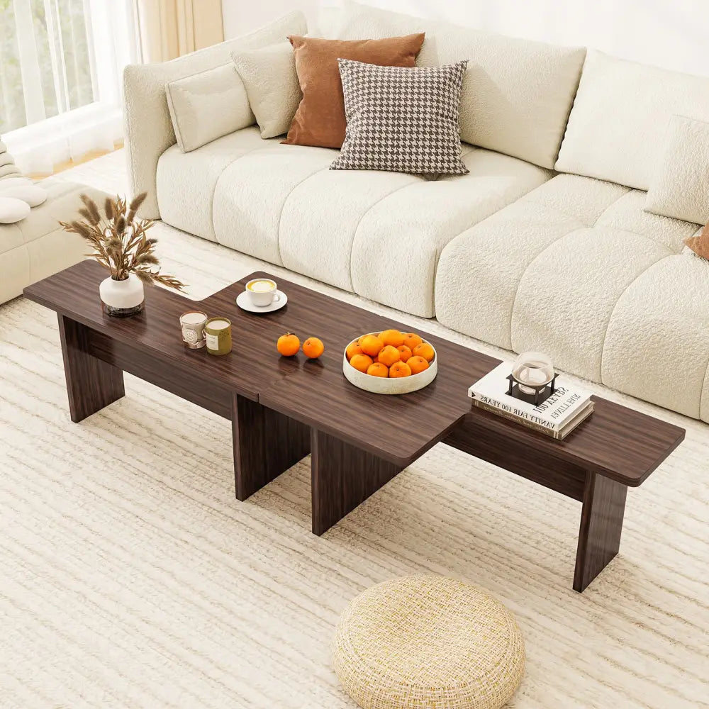 Modular Coffee Table Set of 2 L Shaped Center Tables for Small Space-Walnut - Walnut - Coffee Tables