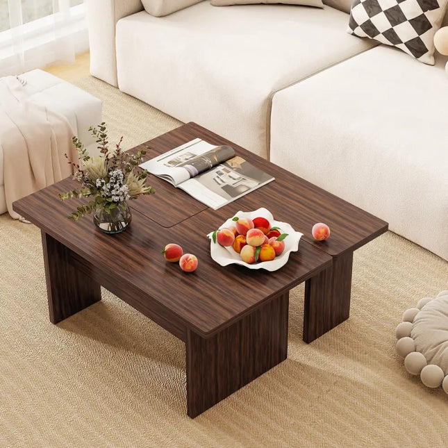 Modular Coffee Table Set of 2 L Shaped Center Tables for Small Space-Walnut - Walnut - Coffee Tables