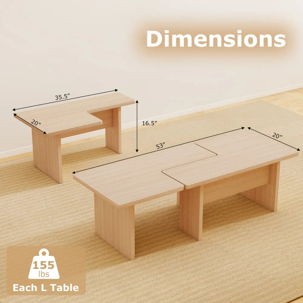 Modular Coffee Table Set of 2 L Shaped Center Tables for Small Space-Oak - Oak - Coffee Tables