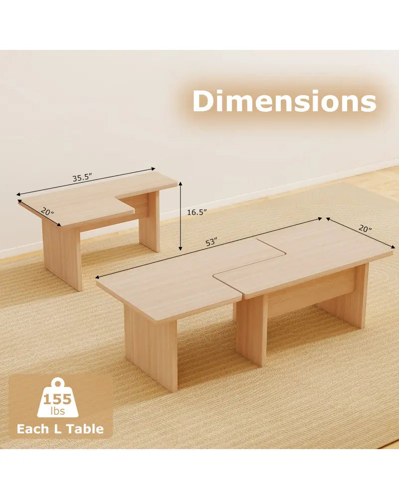 Modular Coffee Table Set of 2 L Shaped Center Tables for Small Space-Oak - Oak - Coffee Tables