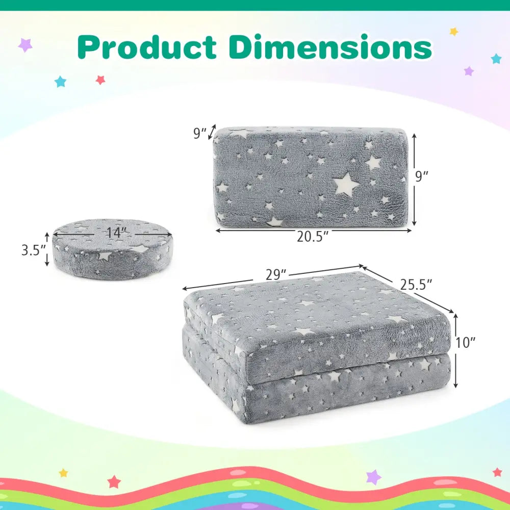Modular Kids Play Couch Set Glow in the Dark with Portable Handles-Gray - Gray - Kids Chairs & Seating