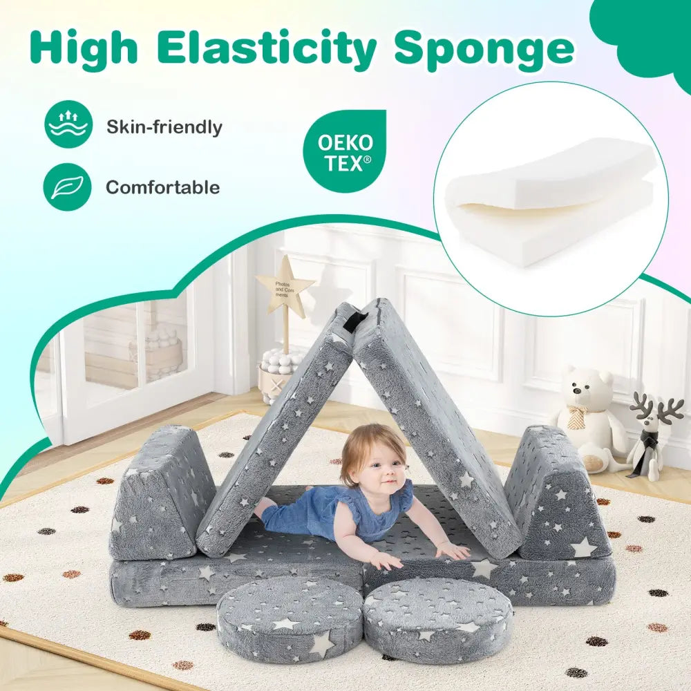 Modular Kids Play Couch Set Glow in the Dark with Portable Handles-Gray - Gray - Kids Chairs & Seating