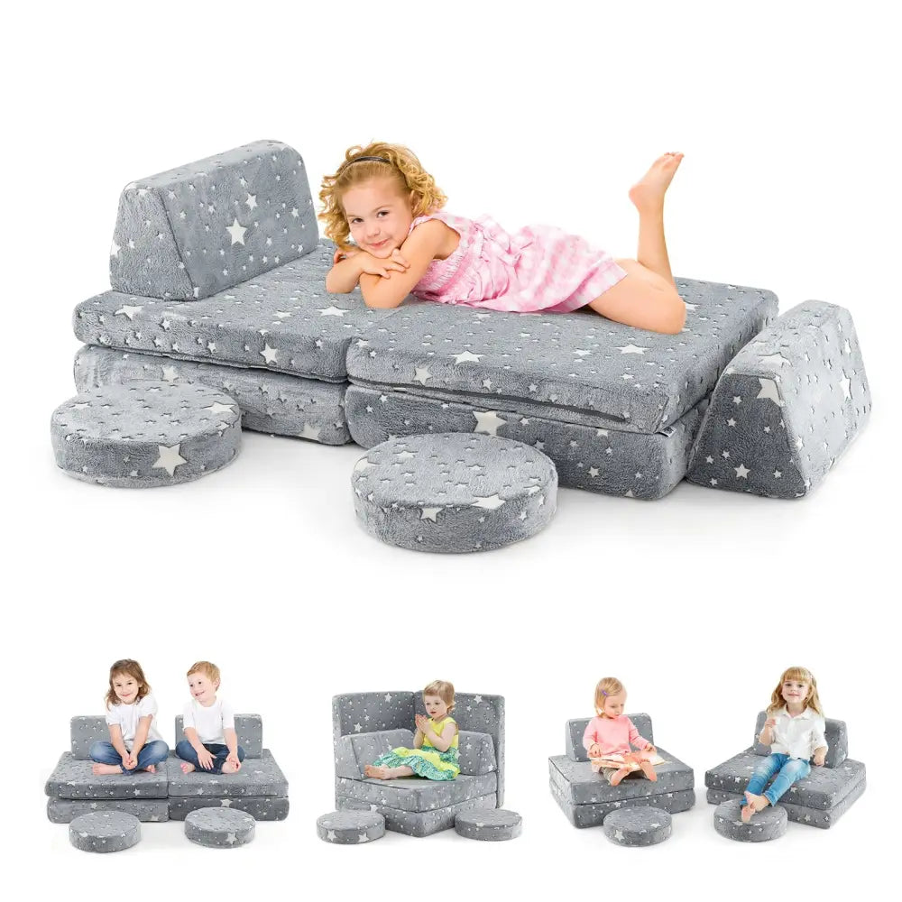 Modular Kids Play Couch Set Glow in the Dark with Portable Handles-Gray - Gray - Kids Chairs & Seating
