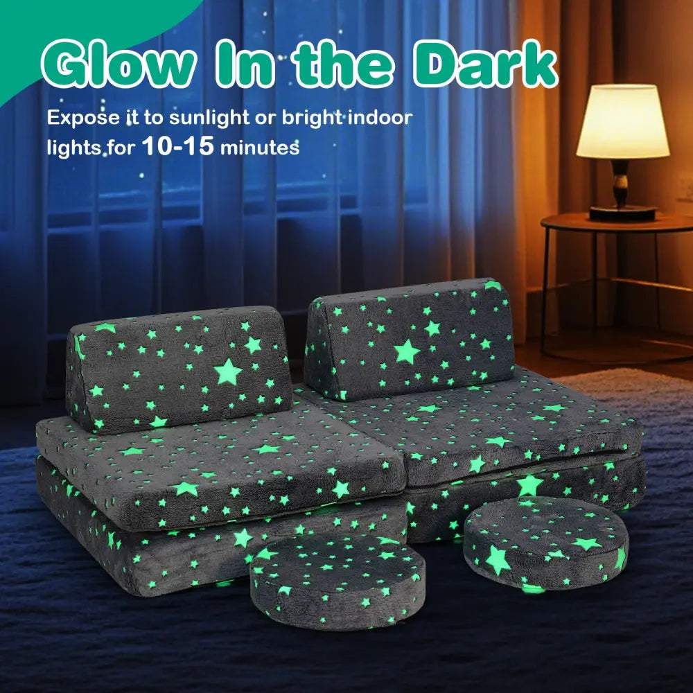 Modular Kids Play Couch Set Glow in the Dark with Portable Handles-Gray - Gray - Kids Chairs & Seating