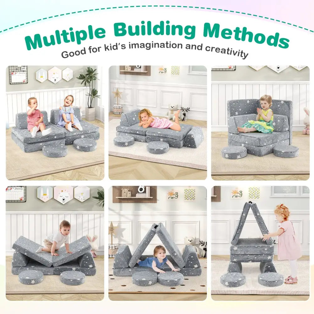 Modular Kids Play Couch Set Glow in the Dark with Portable Handles-Gray - Gray - Kids Chairs & Seating