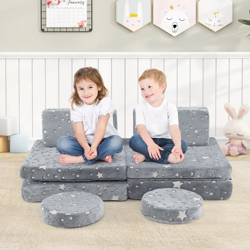Modular Kids Play Couch Set Glow in the Dark with Portable Handles-Gray - Gray - Kids Chairs & Seating
