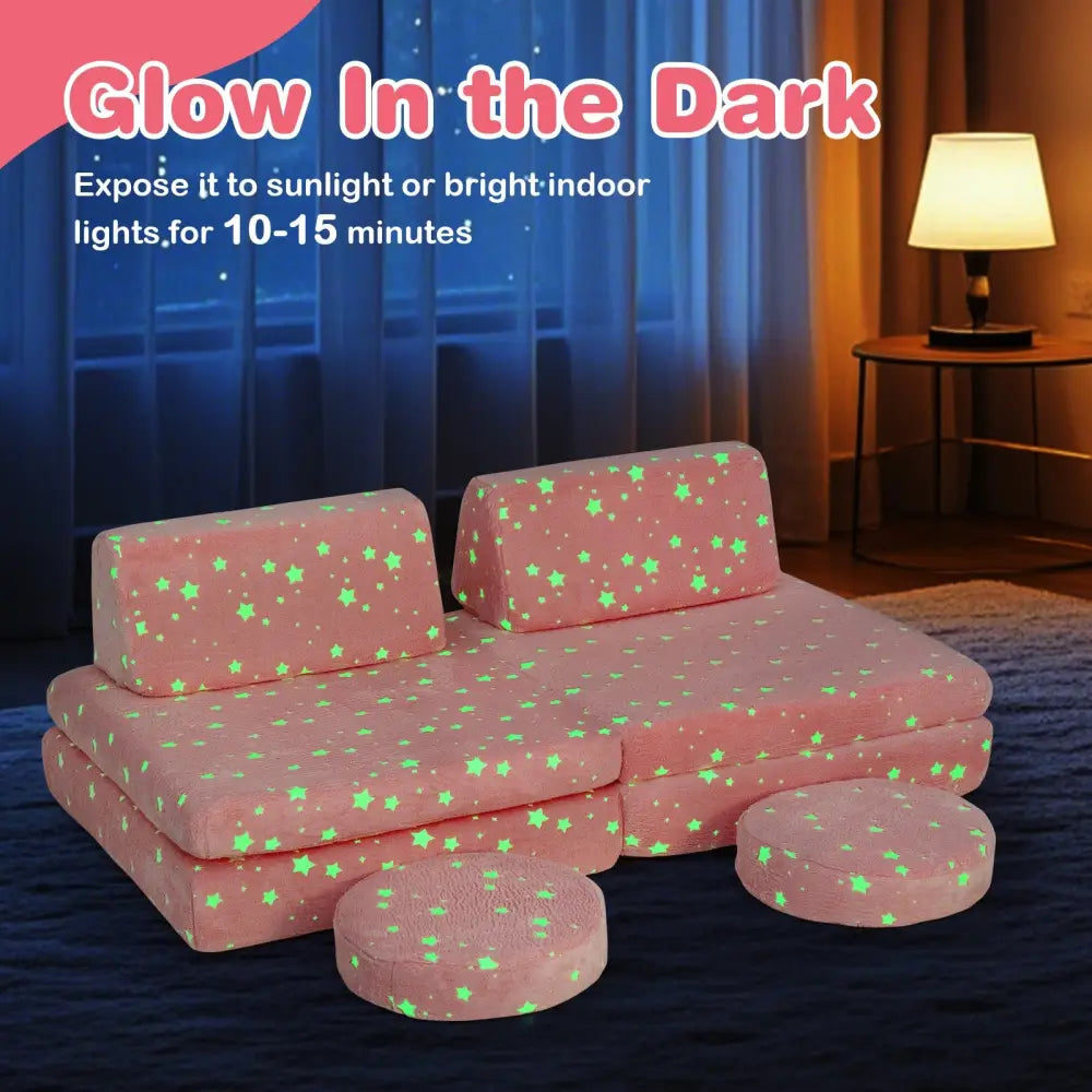 Modular Kids Play Couch Set Glow in the Dark with Portable Handles-Pink - Pink - Kids Chairs & Seating